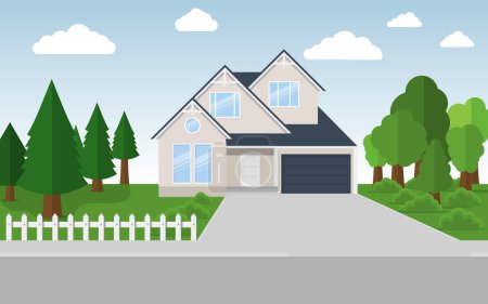 Photo for Exterior of the residential house, front view. House with large garden on a street in summer. Vector illustration. Eps 10. - Royalty Free Image