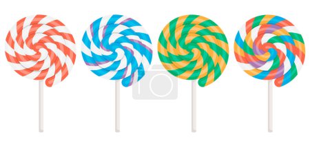 Illustration for Lollipop with spiral. Twisted sucker candy on stick. Set of round candies with striped swirls. Vector illustration. Eps 10. - Royalty Free Image