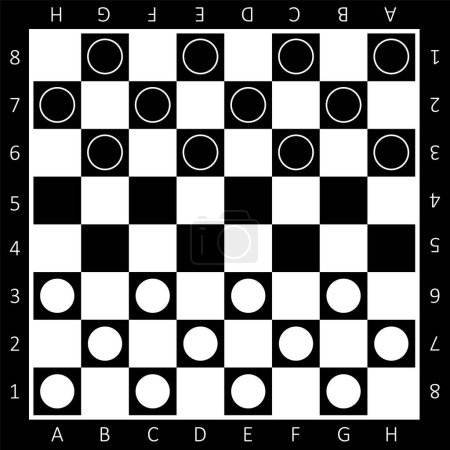 Chess boards on black and white background. Draughts, game with pieces in black and white. Vector illustration. Eps 10.