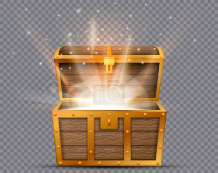 Photo for Realistic open chest, vintage old treasure wooden box with golden glowing inside. Vector illustration. Eps 10. - Royalty Free Image