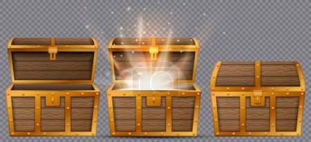 Set of wooden chests with open and closed lid, full of shining golden coins. Vector illustration. Eps 10.