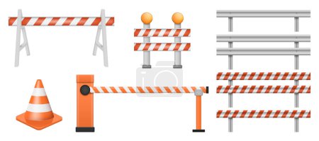Téléchargez les illustrations : Travaux routiers barrières et clôture de protection. Illustration vectorielle. Eps 10. - en licence libre de droit