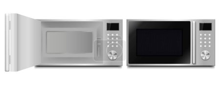 Ein Mikrowellenherd aus Edelstahl, ein rechteckiges elektronisches Gerät, bei geöffneter und geschlossener Tür. Ein Gerät mit elektrischer blauer Anzeige, Kreismaschine in einem Küchengerät mit moderner Technik