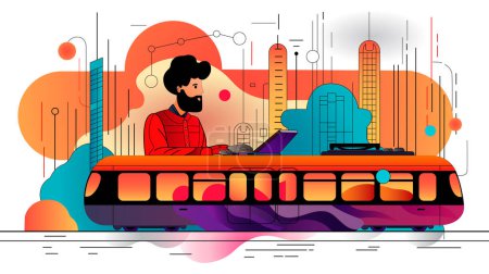 Flache Illustration eines Mannes mit Laptop auf dem Dach einer Straßenbahn. UI-Design