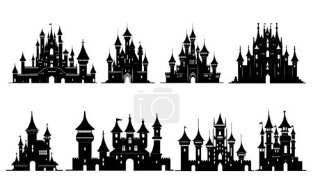 A collection of ancient castles. Medieval castles. Gothic mansion exterior vector set. Mysterious royal house with gates