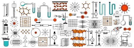 Ilustración de Una colección de diagramas de física y química. Átomos y moléculas. Instrumentos de laboratorio, fluidos químicos - Imagen libre de derechos