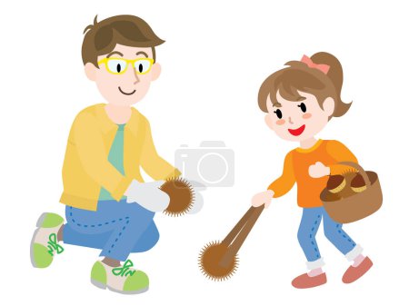 Illustration for A Parent and child who are doing gathering chestnuts. - Royalty Free Image