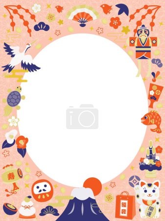 Ilustración de Frame of the lucky charm of New Year holidays and Japanese letter. Translation : "Good luck" "Lucky bag" "Congratulations" - Imagen libre de derechos