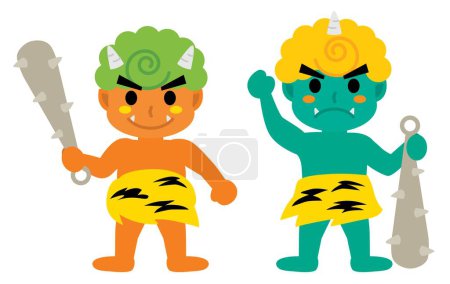 Illustration for Illustration of orange and green ogres of the day before the beginning of spring called Setsubun. - Royalty Free Image