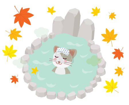 Illustration for A cat taking outdoor bath in the autumn. - Royalty Free Image