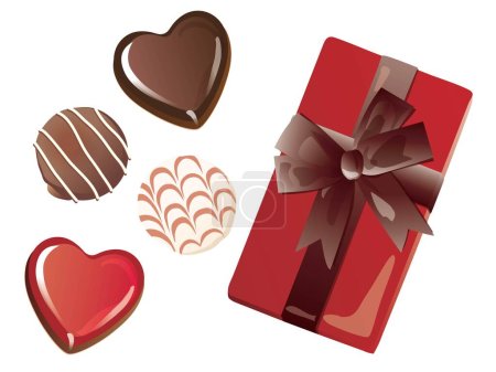 Illustration for Set of the heart chocolates for Valentine's Day and the red box with ribbon - Royalty Free Image