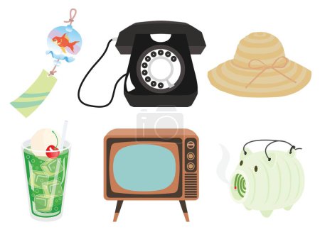 Illustration for Nostalgic items of the Showa era in Japan. Illustration of a set of icons on the theme of retro. - Royalty Free Image