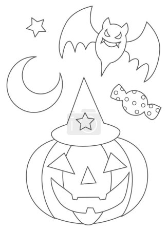 Ilustración de Ilustración de Halloween para colorear libro. Lindo personaje de calabaza de dibujos animados, murciélago y luna. - Imagen libre de derechos