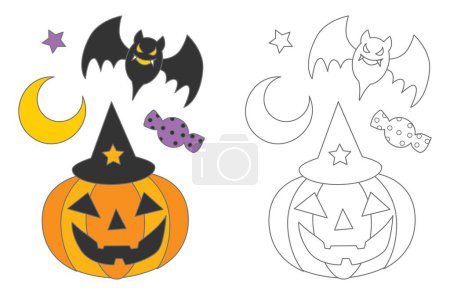 Ilustración de Ilustración de Halloween para colorear libro. Lindo personaje de calabaza de dibujos animados, murciélago y luna. - Imagen libre de derechos