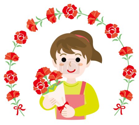 Ilustración de Madre con flores y ramo de clavel rojo para el día de la madre. Ilustración vectorial. - Imagen libre de derechos