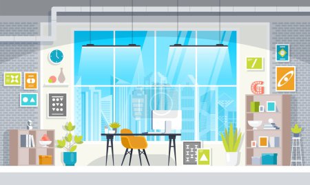 Illustration for Flat design of modern office designer workplace. Creative office workspace with big window, desktop, modern monitor, furniture in interior. Vector illustration - Royalty Free Image