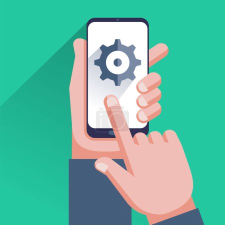 Settings on smartphone screen. Hand holding cellphone, user touching gear icon. Mobile app settings menu, software update, downloading, installing new OS concepts. Flat line design vector illustration