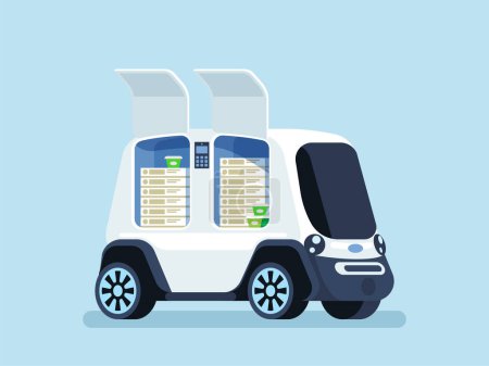 Illustration for Self-driving vehicle to deliver pizza. Autonomous Ordering and delivering pizza. Robotic courier. Vector illustration - Royalty Free Image