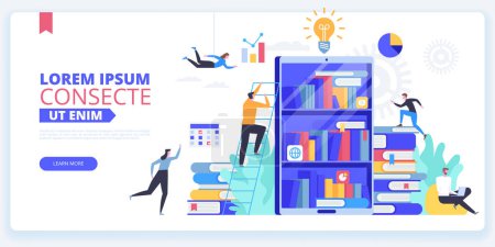 Illustration for Internet library landing page vector template. E library website homepage interface idea with flat illustrations. Book archive, mobile app. Online education, e learning web banner cartoon concept - Royalty Free Image