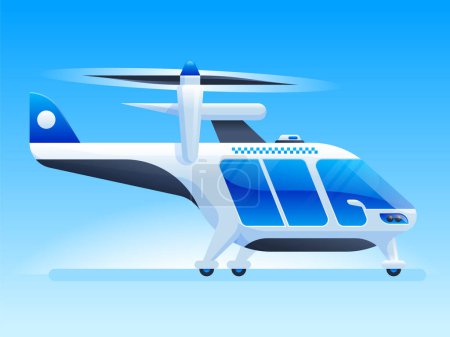 Illustration for Futuristic helicopter flat vector illustration. Flying ev, eco friendly electric vehicle. Transportation industry, aviation innovative technology. Aerial taxi, passenger drone delivery service - Royalty Free Image