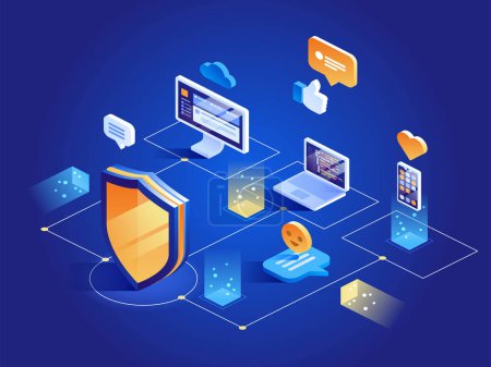 Illustration for Isometric Security Data Protection concept. Server Pc monitor Tablet Phone Laptop in Cloud network. Vector illustration. - Royalty Free Image