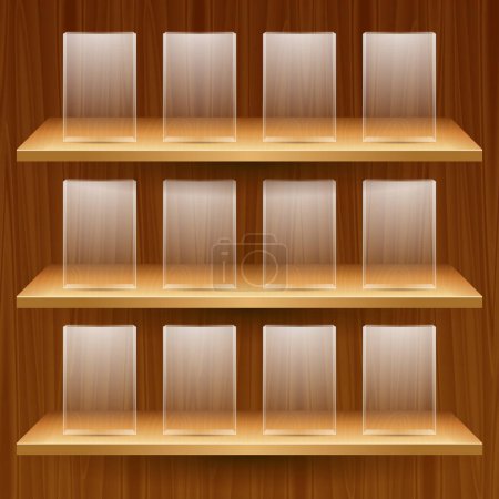 Illustration for Vector wooden shelves with empty glass boxes - Royalty Free Image