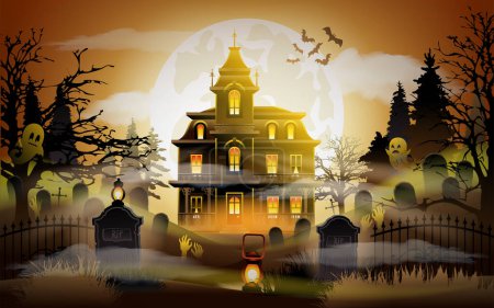 Halloween background. Old scary house. Halloween landscape with castle and cemetery on blue moon background, illustration. Vector illustration