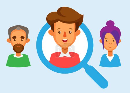 Illustration for Headhunting and Recruitment illustration with candidate people. Flat icon vector illustration. Magnifying Glass. - Royalty Free Image