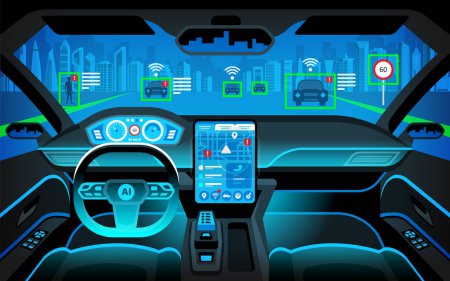 Cockpit eines autonomen Autos. Selbstfahrendes Fahrzeug. künstliche Intelligenz auf der Straße. Head-Up-Display (hud) und verschiedene Informationen. Fahrzeuginnenraum. Vektorillustration