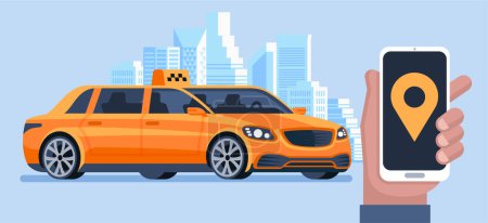 Illustration for Taxi banner. Online mobile application order taxi service. Man call a taxi by smartphone. Vector horizontal illustration. - Royalty Free Image