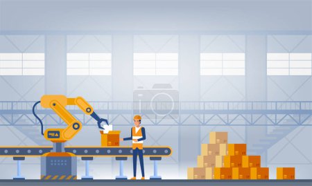 Illustration for Industry 4.0 Smart factory concept. Workers, robot arms and assembly line. Technology vector illustration - Royalty Free Image
