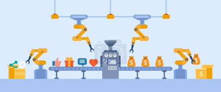Illustration for Lead generation concept. Marketing concept. Process of leads production on the conveyor belt. Vector flat style. - Royalty Free Image
