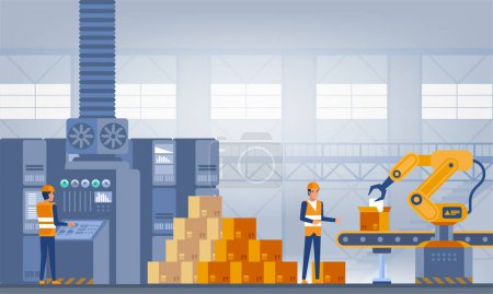 Illustration for Industry 4.0 Smart factory concept. Workers, robot arms and assembly line. Technology vector illustration - Royalty Free Image