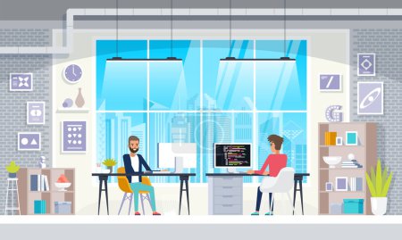 Illustration for Office interior People In Creative Modern Workplace Interior Flat Vector Illustration - Royalty Free Image