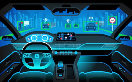 Autonomous smart car inerior. Self driving at night city landscape. Display shows information about the vehicle is moving, GPS, travel time, scan distance. Assistance app. Head up display (HUD) Vector illustration