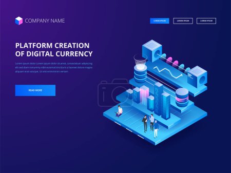 Illustration for Cryptocurrency and blockchain. Platform creation of digital currency. Web business, analytics and management. Vector illustration - Royalty Free Image