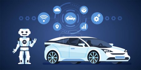 Illustration for Autonomous car. Self-driving car with robot and icons. Artificial intelligence on the road. Vector infographics illustration - Royalty Free Image