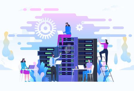 System administration, upkeeping, configuration of computer systems and networks concept. System administrators or sysadmins are servicing server racks. Vector flat illustration