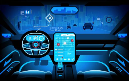 Illustration for Automobile cockpit, various information monitors and head up displays. autonomous car, driverless car, driver assistance system, ACC(Adaptive Cruise Control), vector illustration - Royalty Free Image