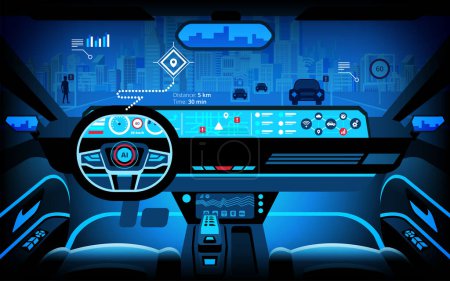 Automobile cockpit, various information monitors and head up displays. autonomous car, driverless car, driver assistance system, ACC(Adaptive Cruise Control), vector illustration 