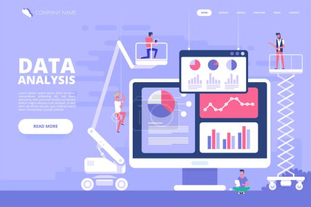Illustration for Data analysis design concept. Analysts working. Small people with data analysis graphs and charts. Trendy flat style. Vector illustration. - Royalty Free Image
