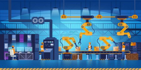Ilustración de Fábrica inteligente eficiente con trabajadores, robots y línea de montaje, industria 4.0 y concepto de tecnología Ilustración vectorial - Imagen libre de derechos