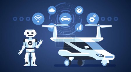 Illustration for Autonomous car. Flying transport. Self-driving car with robot and icons. Artificial intelligence on the road. Vector infographics illustration - Royalty Free Image