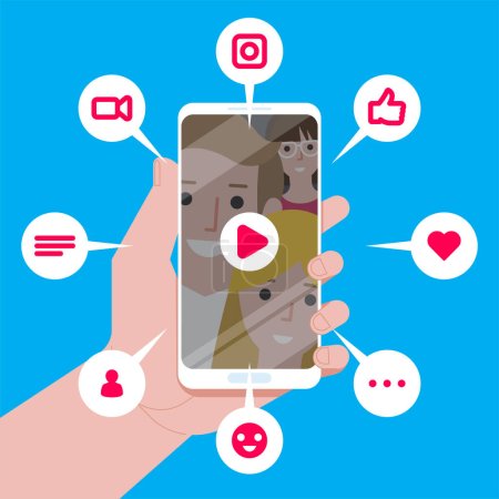 Vektorillustration des viralen Inhalts. Likes, Aktien und Kommentare tauchen auf dem mobilen Bildschirm auf. Videoinhalte für Millennials.
