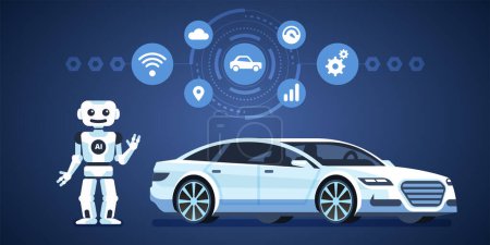 Illustration for Autonomous car. Self-driving car with robot and icons. Artificial intelligence on the road. Vector infographics illustration - Royalty Free Image