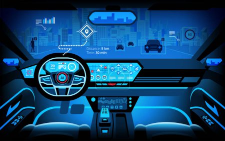 Illustration for Automobile cockpit, various information monitors and head up displays. autonomous car, driverless car, driver assistance system, ACC(Adaptive Cruise Control), vector illustration - Royalty Free Image