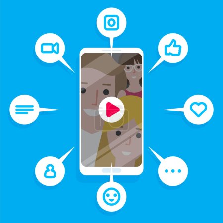 Vektorillustration des viralen Inhalts. Likes, Aktien und Kommentare tauchen auf dem mobilen Bildschirm auf. Videoinhalte für Millennials.