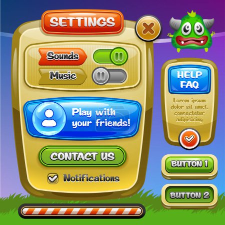 Illustration for Game UI. Settings window. A funny cartoon design ui game options control panel including status and level bars. Vector eps 10. - Royalty Free Image