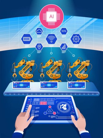 Artificial intelligence Smart industry 4.0, automation and user interface concept: users connecting with a tablet and a smartphone, exchanging data with a cyber-physical system