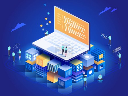 Illustration for Software, web development, programming concept. People interacting with laptop,  charts and analyzing statistics. Technology process of Software development. Vector isometric illustration - Royalty Free Image